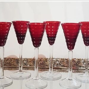 Vtg Cranberry Red Shot Liqueur Glasses - Bee Hive Ribbed Design, Set of 6
